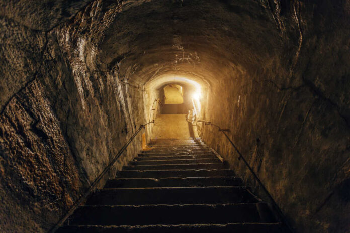 Dark,Corridor,Of,Old,Abandoned,Underground,Soviet,Military,Bunker.,Staircase
