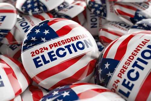 Closeup,Shot,Of,One,Presidential,Election,2024,Button,In,Focus