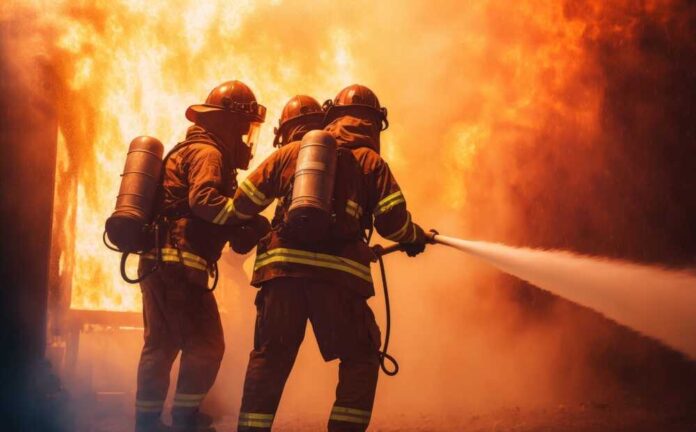 Firefighters,Using,Twirl,Water,Fog,Type,Fire,Extinguisher,To,Fighting