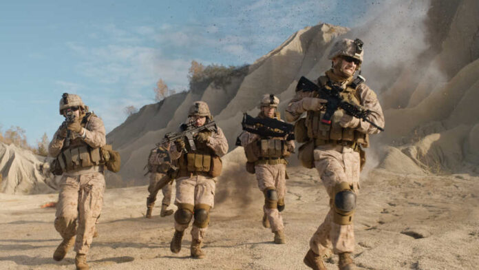 Squad,Of,Fully,Equipped,,Armed,Soldiers,Running,And,Attacking,During