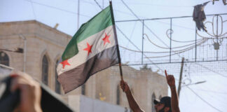 Man holding Syrian opposition flag during protest