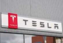 Tesla logo on a building facade