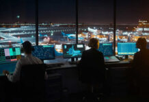 Air traffic controllers working at night airport tower
