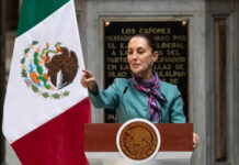 Mexico and US: Unlikely Allies Against Cartels? Person speaking at podium beside Mexican flag