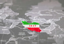 Map highlighting Iran with its national colors