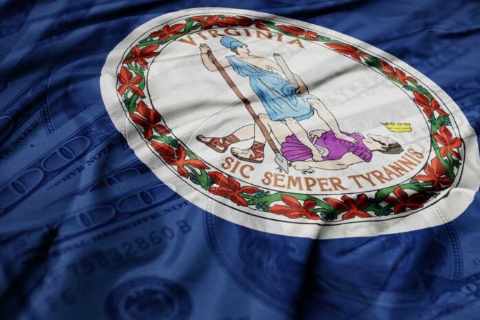 shutterstock_2546992163.jpg Virginia state flag with a blue background and money texture