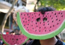 Child wearing a watermelon mask at a festive event
