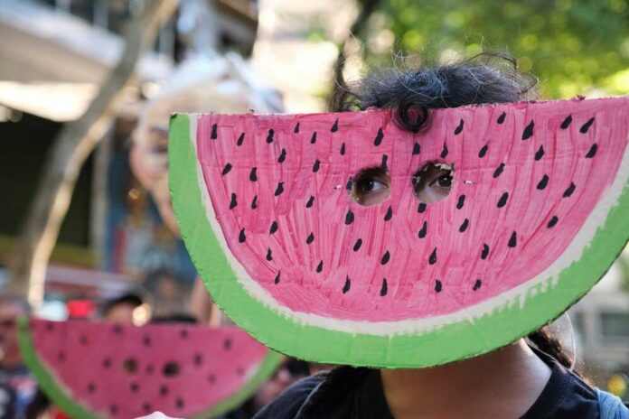 shutterstock_2688159031.jpg Child wearing a watermelon mask at a festive event