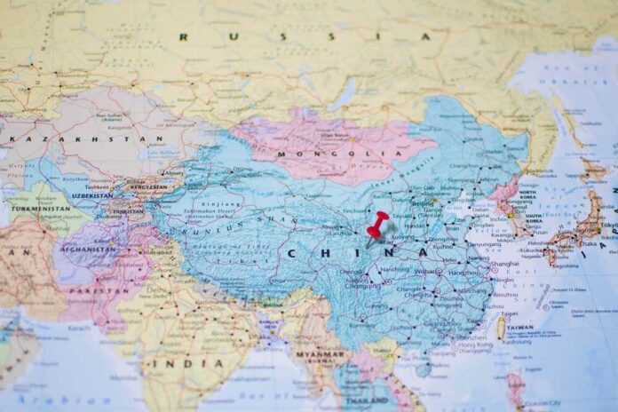 Map of Asia highlighting China with a red location pin