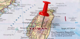 Map with red pin on Taiwan island