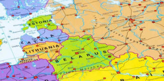 Colorful map of Eastern Europe showing countries and cities