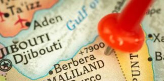 Close-up of a map highlighting Burco in Somaliland with a red location pin