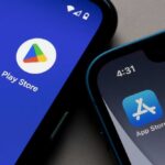 App Consent May Secretly Authorize Gov Tracking Smartphones showing Play Store and App Store icons