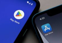 Smartphones showing Play Store and App Store icons