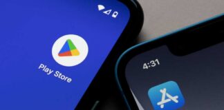 Smartphones showing Play Store and App Store icons