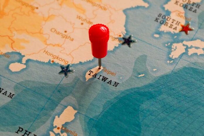 A red pin marking Taiwan on a map