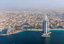 Aerial view of Dubai featuring the Burj Al Arab and surrounding buildings