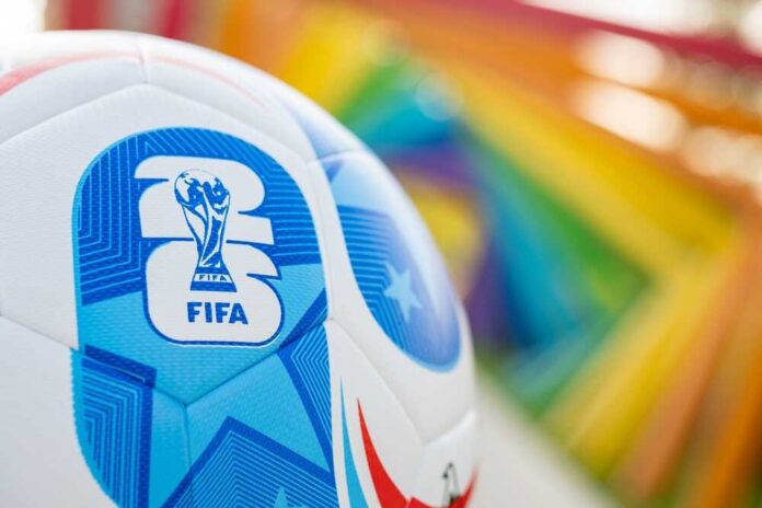 Zhongshan,China-july,18,2025:,2026,World,Cup,Soccer,In,The Close-up of a FIFA World Cup soccer ball with a colorful background