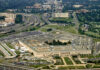 Aerial view of the Pentagon surrounded by roads and greenery