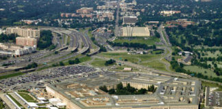 Aerial view of the Pentagon surrounded by roads and greenery