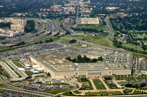 Aerial view of the Pentagon surrounded by roads and greenery