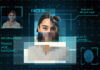 Face recognition interface with fragmented portrait and scanning overlays