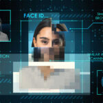 Face recognition interface with fragmented portrait and scanning overlays