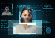 Face recognition interface with fragmented portrait and scanning overlays