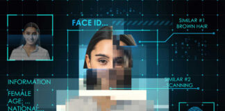 Face recognition interface with fragmented portrait and scanning overlays