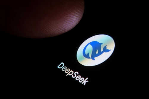 deepseek2577439729 Finger touching phone screen showing DeepSeek logo