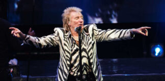 Man performing on stage wearing zebra-print outfit