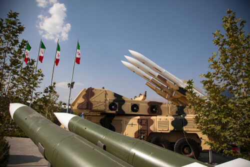 Tehran,-,September,9,,2019,,Military,Museum,,Offensive,Missiles,Of Military missiles displayed outdoors with Iranian flags in the background