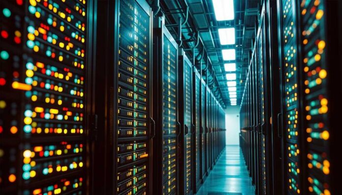 Data,Centers,Filled,With,Rows,And,Rows,Of,Servers,As Interior view of a data center with illuminated server racks
