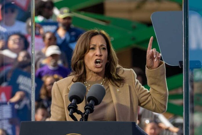 Atlanta,,Georgia,-,November,02:,Us,Vice,President,Kamala,Harris, A woman passionately delivering a speech at an outdoor rally
