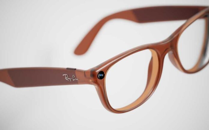 Brown plastic eyeglasses with clear lenses on a white background