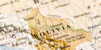 Close-up of a map highlighting Bolivia
