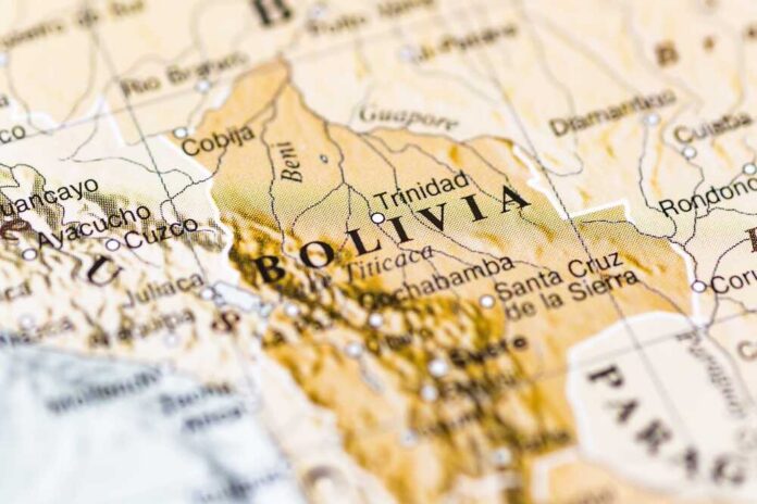 World,Map.,Bolivia,Map,,World,Tourism,,Tourist,Destination.,Political,Map Close-up of a map highlighting Bolivia