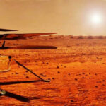 Mars helicopter on a dusty red landscape with sun