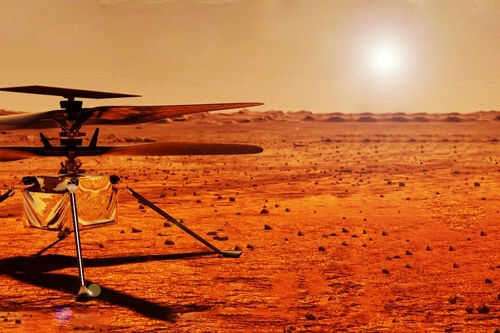 ingenuity-mars-helicopter2298223993 Mars helicopter on a dusty red landscape with sun