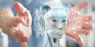 robot head hologram between outstretched hands