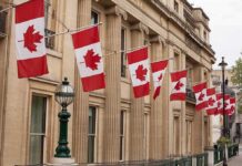 Canadian flags on a neoclassical building facade