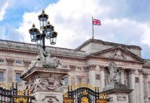 Labour Meltdown Over North Sea Push Buckingham Palace facade with Union Jack flag and ornate gate