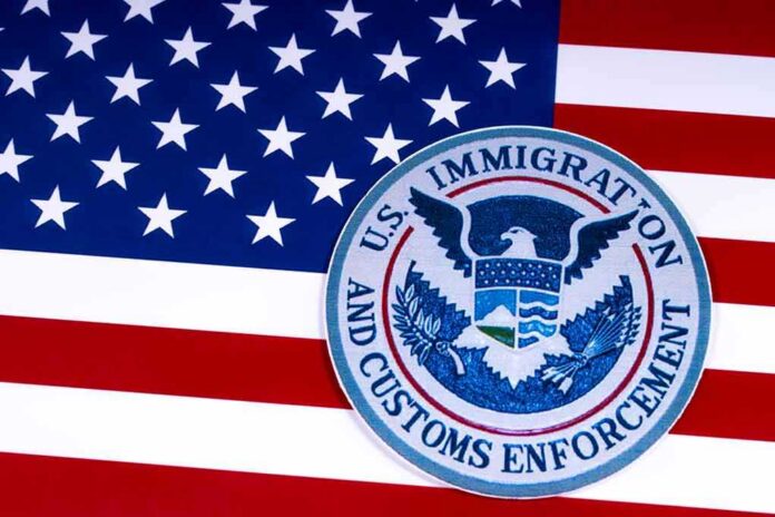 shutterstock_1055129180 U.S. immigration and customs enforcement seal on American flag