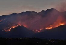 Senators Target Fire Wagers — Why Now? Wildfire burning along mountain slopes at dusk