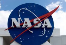 NASA logo on a large blue circular sign