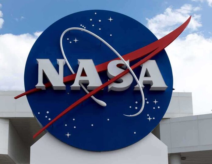 NASA logo on a large blue circular sign