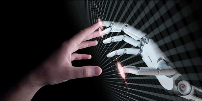 Human hand reaching toward a robotic hand