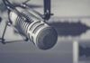 Studio microphone on shock mount close-up