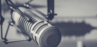 Studio microphone on shock mount close-up
