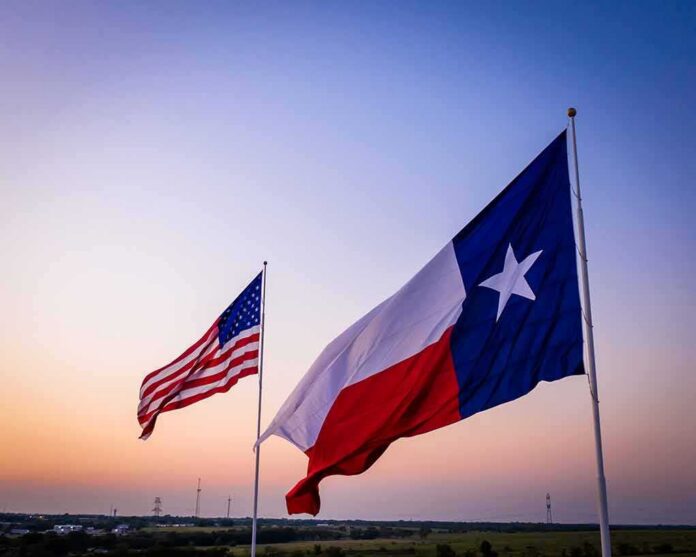 shutterstock_1614044917-1 Texas and United States flags waving at sunset